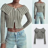 Thu Đông Phong Cách Mới Dây Kéo Kim Loại Đóng Rộng Ve Áo Đậu Nành Có gân Đan Top3433110