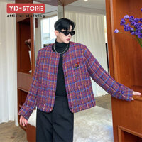Thu Đông Phong Cách Mới Niche Thời Trang Phong Cách Phương Tây Tím Tweed Slim-fit Áo Khoác Nam Nữ Influencer Tình Yêu Ghi Nhãn Áo Khoác Ngắn