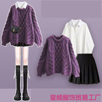 Thu Đông Phù Hợp Với Nữ 2024 Phong Cách Mới Giảm Tuổi Lười Phong Cách Chanel Áo Len Dệt Kim Áo Sơ Mi Trắng Xếp Ly Váy Ba-