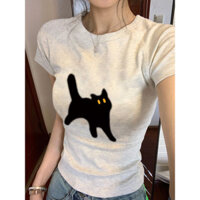 Thun áo Áo thu đông nữ Croptop áo  Áo baby tee Áo ôm body Áo thun cộc tay Mèo con màu xám Áo dễ phối mùa hè cho nữ