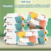 Thùng 12 gói khăn ướt 80 tờ Top Gia giấy ướt không mùi , mềm mịn , an toàn cho người lớn và trẻ em.