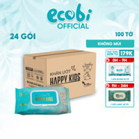 Thùng 24 gói khăn ướt cho bé Happy Kids gói 100 tờ không mùi không parabens siêu tiết kiệm