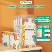 Thùng 4 bịch khăn giấy rút Top Gia treo tường đa sắc 1280 tờ, dập vân 4D, siêu dai và mềm mịn Giấy Vệ Sinh