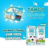 Thùng 48 hộp kun 100% sữa tươi 180ml mua 1 thùng nhận ngay 1 hộp bút màu kun sáng tạo