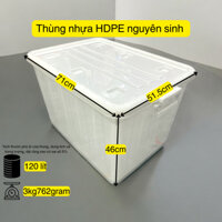 thùng chữ nhật 120l, nhựa HDPE nguyên sinh, có bánh xe và nắp đậy, quai cài