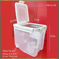thùng nhựa, thùng đựng gạo 5,5kg gạo, 2 bánh xe, nắp kép khóa cài, mở đứng. 8L8. Thái sx 27x20.5cm cao 23.2cm. 1398
