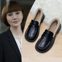 Thương Hiệu Da Thật Chính Hãng Giày Đế Mềm Nữ 2022 Phong Cách Mới Đậu Hà Lan Giày Mùa Đông Lông Cừu Lót Anh Retro Giày Da Nhỏ