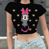 Thương hiệu Disney Dạo Phố Thời Trang Chuột Mickey In Hình Mùa Hè Bông Tai Kẹp Gothic Tay Ngắn Quần Áo Dễ Thương Cho Bé Tee Crop Tops