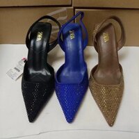 Thương hiệu Z 2023 Mùa xuân mới Giày sandal mũi nhọn màu đen đính đá sexy cao gót thời trang cho phụ nữ