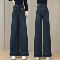 Thường Ngày Cao Cấp Eo Rộng Chân Nữ Phong Cách Mới Rời Thu Đông 2025 Retro Quần Jean Lông Cừu Lót Thẳng Quần Màu Xanh Chân To Quần