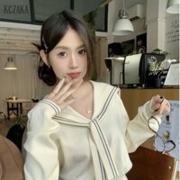 Thủy Thủ Cổ Áo Dệt Kim Phong Cách Đại Học Trẻ Trung Ngắn Eo-Tight Slim Fit Áo Len