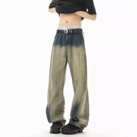 Tianlesiwei Quần jean gradient nhuộm màu xanh cổ điển Mỹ dành cho nam và nữ chân rộng hình lưỡi liềm giải mã