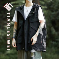 Tianlesiwei Street phong cách chức năng nhiều túi có mũ trùm đầu chống thấm nước vest không tay áo khoác hàng hóa tất cả các mùa