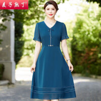 Tích lũy.10 10.000 + Miếng Váy voan ngắn tay chín lúa mì Váy dài voan dành cho người cao tuổi trung niên Váy cổ chữ V Váy mẹ thanh lịch