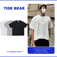 TIDE BEAR Áo thun nam tay ngắn Áo thun cổ tròn đơn giản Waffle Henley