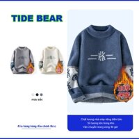 Tide BEAR Nam Cổ Cao Nửa Cổ Áo Len Lông Cừu Dày Mùa Đông Jacquard Một Lớp Lót Lông Cừu Mặc Bên Trong