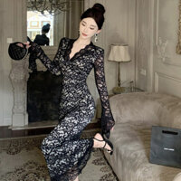 Tiệc Đảng Pháp Váy Dài Ren Đen Gợi Cảm Cho Nữ Ôm Cổ Chữ V Cao Cấp Nẹp loe Dài Tay Dài Dài Dài Dài Chiều Dài