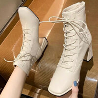 (TIỆM BÉ SURI) Giày bốt da bóng cổ cao buộc dây gót cao, giày boots