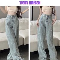tiemunisex Quần jean nữ cạp cao ống rộng đính ngọc trai thời trang Hàn Quốc