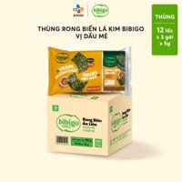 [Tiết kiệm] Thùng 12 lốc Rong biển lá kim Bibigo vị Truyền thống/Dầu mè/BBQ/Wasabi (lốc 3 gói x 12)