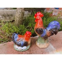 Tiểu cảnh gà trống mái gốm Bát Tràng, đàn gà bằng gốm sứ decor sân vườn