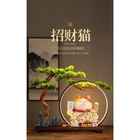 Tiểu Cảnh Mèo Thần Tài Phong Thuỷ-Cây Bon Sai-Đèn Led Cao Cấp