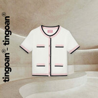 TINGOAN® - Áo len xù trắng cổ tròn viền 2 line SHANGHAI TOP/WH