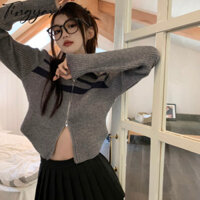 Tingyaxiu Áo len nữ retro màu tương phản dây kéo đôi cổ POLO áo len dệt kim giản dị phong cách ngắn áo len mỏng cardigan