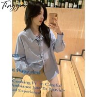 Tingyaxiu Áo Sơ Mi Nữ Thời Trang Cổ Chữ V Dài Tay Áo Sơ Mi Polo Cổ Xanh Ruy Băng Dài Tay Áo Sơ Mi Top