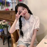 Tingyaxiu Áo Thun Nữ Peter Pan Cổ Tay Ngắn Ren Puff Tay Áo Lớn Ve Áo Ren Áo Thun Top