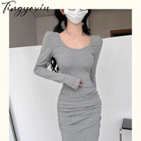 Tingyaxiu Đầm ôm Cổ Thấp Slim Fit Giảm Béo Đầm Lưng xẻ tà Vỏ Dài Tay Đuôi Cá Đầm