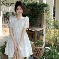 Tingyaxiu Nữ Mới Tay Phồng Váy Ngắn Ôm Phong Cách Quốc Gia Ếch Nút Đầm