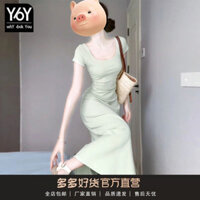 Tính khí Pháp Váy xanh Trẻ em Mùa hè 2025 Thiết kế thích hợp mới Cảm giác ôm vừa vặn Váy dài chữ a