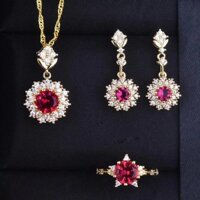 Tinh Tế Garnet Nhẫn Đỏ Mặt Dây Chuyền Bông Tai Bộ Ba Mảnh Màu Lửa Cao Kim Cương Carbon Cao Cấp Thạch Anh Tím Vòng Cổ Nữ Cao Cấp Cảm Giác