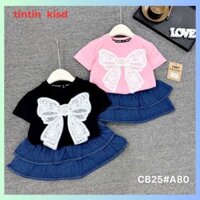 Tintin kisd quần áo trẻ em sét bộ váy bé gái áo cottong phối nơ trước ngực mix cùng chân váy bò xòe mềm cho bé từ10-30kg