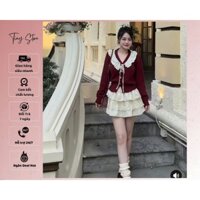 Tiny Store - Set váy nữ Áo len đỏ cổ ren Chân váy trắng tầng ren có quần bảo hộ tự tin Đi tiệc , chơi , Siêu Xinh TS016