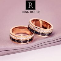 (Titan) R3 Nhẫn Titan Cặp Đôi Nam Nữ Số La Mã Đen Viền Ngọc Đẹp Ring House
