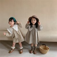 TITUS Đầm Cotton Lanh Mỏng Phối Ren Kẻ Sọc Caro Phong Cách Hàn Quốc Cho Bé Gái