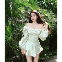 TK125.4070 Set Bộ Thiết Kế Chân Váy 2 Lớp. Áo Tay Dài Đính Ngọc Cột Nơ.