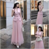 TK4 Set dạ tiểu thư áo gile phối chân váy tùng lưới xòe siêu sang Vân Akara Closet