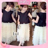 TM1279, Set bộ bé gái, Set áo đen tay cánh tiên chân váy ren tầng dáng dài cho bé gái