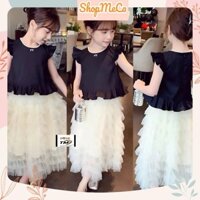 TM1279, Set bộ bé gái, Set áo đen tay cánh tiên chân váy ren tầng dáng dài cho bé gái