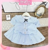 TM1311, Set bộ bé gái, Set bộ kẻ xanh sơ mi nơ xinh kèm chân váy xếp ly cho bé gái