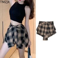Tmzjx Mùa Hè Ren-up Váy Kẻ Sọc Quần Short, Mỏng Không Đều Giả Hai Mảnh Kẻ Sọc Váy, Quần Nóng Ngọt Ngào Quần Short Dạo Phố Nơ Nữ Quần Short Ca Rô Nữ