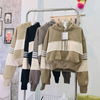 [TN04] Áo khoát nỉ lửng croptop nỉ dệt xk phối sọc tay có nón túi trong thời trang hàng chuẩn shop-A2215