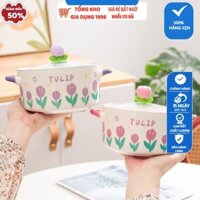 Tô Ăn Mì Bát Úp Mì Ăn Liền Gốm Sứ Có Nắp Đậy Thuỷ Tinh Hoa Tulip, Tô Mì Đựng Thức Ăn Salad, Nấu Cơm Phở Đa Năng A.Bin.