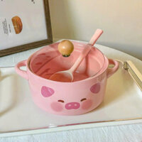 Tô Ăn Mì Bát Úp Mì Gốm Sứ Có Nắp Đậy Thuỷ Tinh Heo Hồng