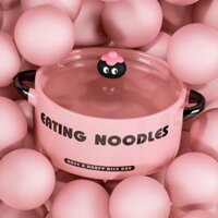 Tô ăn mì gốm sứ màu hồng hoạ tiết măng cụt, tô sứ có nắp ngộ nghĩnh