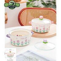 Tô ăn mì sứ dáng chiếc nồi, có nắp kính họa tiết hoa Tulip nhẹ nhàng dễ thương, tô sứ đa năng có nắp và hộp quà tặng