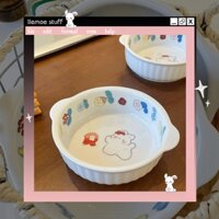 Tô gốm sứ nhỏ có quai cầm họa tiết bé thỏ đeo nơ đáng yêu decor ăn uống thích hợp làm quà tặng